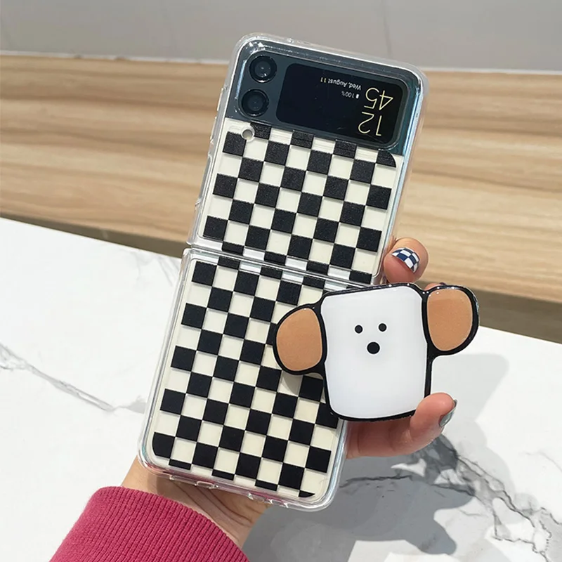 

Чехол для Samsung Galaxy ZFlip3, чехлы в черно-белую клетку с большим держателем для телефона, чехол для Z Flip 3 Samsung F7110