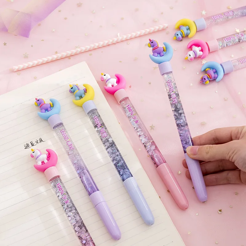 XianNv 4 Pcs Cute Unicorn Pens Stationery Set,Multicolor Glitter Liquid  Sand Pen for Girls Boys Kids Gifts,Black Ink,（0.5 mm）