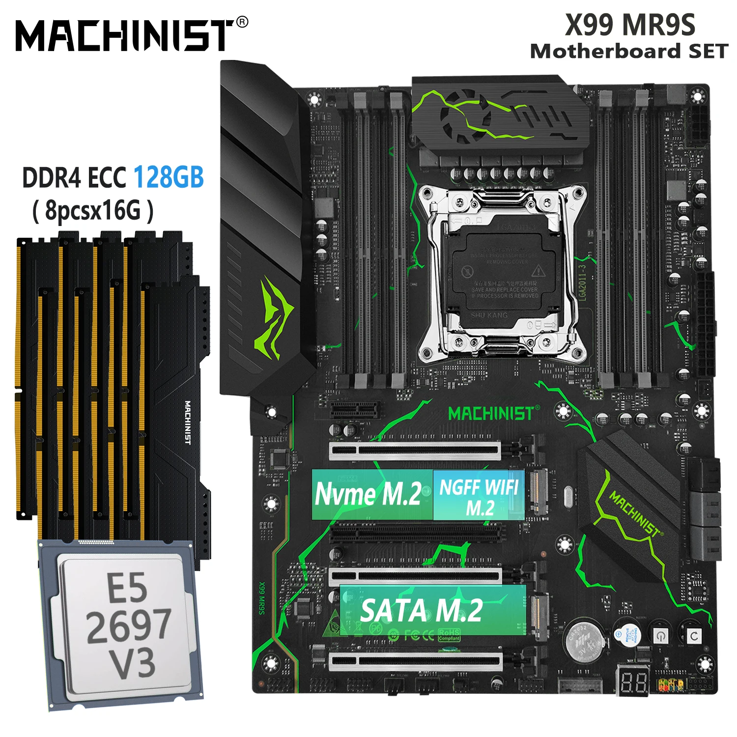 Machinist X99 Set Scheda Madre Lga 2011-3 Kit Con Processore Cpu Intel E5 2697 V3 8X16 = 128Gb Ddr4 Ecc Ram Memory Ssd M.2 Atx Mr9S