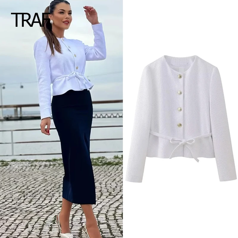 

TRAF Women's Blazer Tailoring Spring 2024 Textured White Blazers O-Neck Long Sleeves Tied Belt Top New In Coat Elegant Blazers