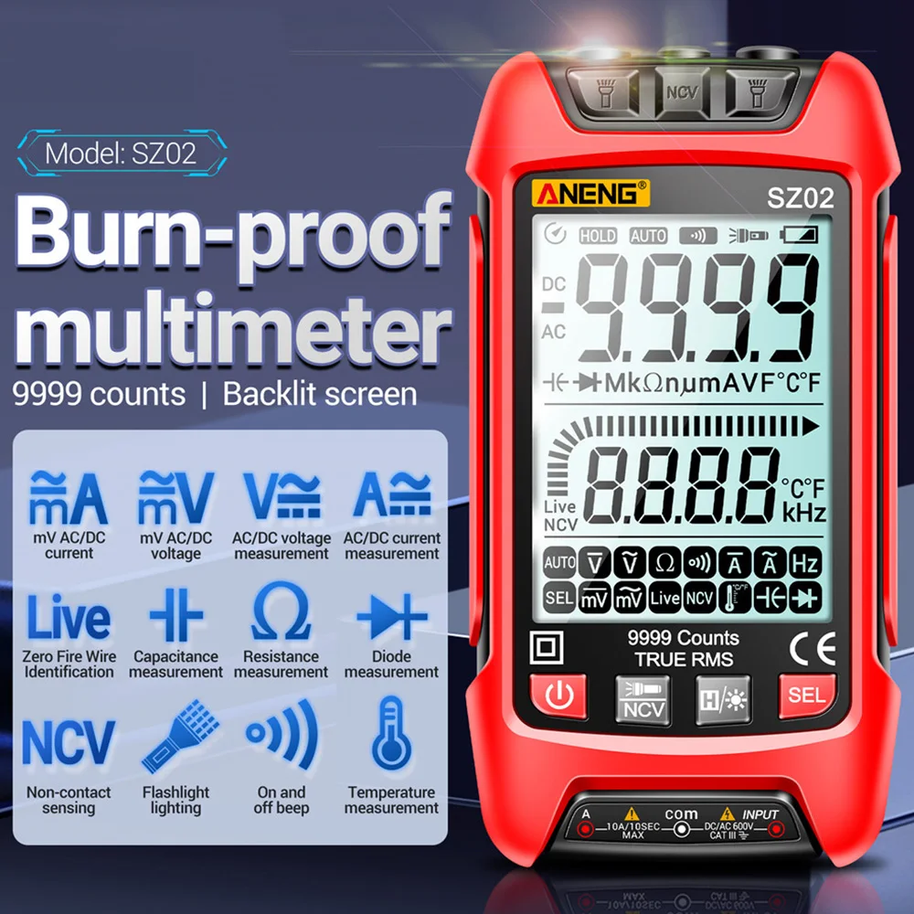 Smart Auto Digital Multimeter - USB Rechargeable TRMS 9999 Count With AC/DC Voltage, Current, Resistance & NCV