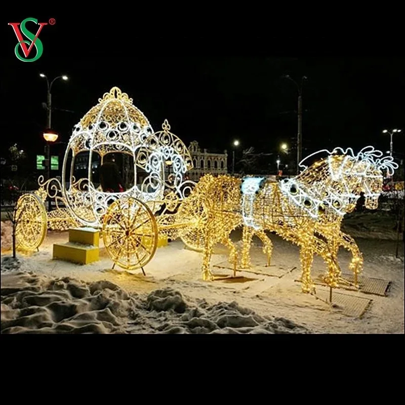 Outdoor 3D Large LED Christmas Light Sculpture Large Illuminated Horse Drawn Carriage for Commercial Festival Decoration