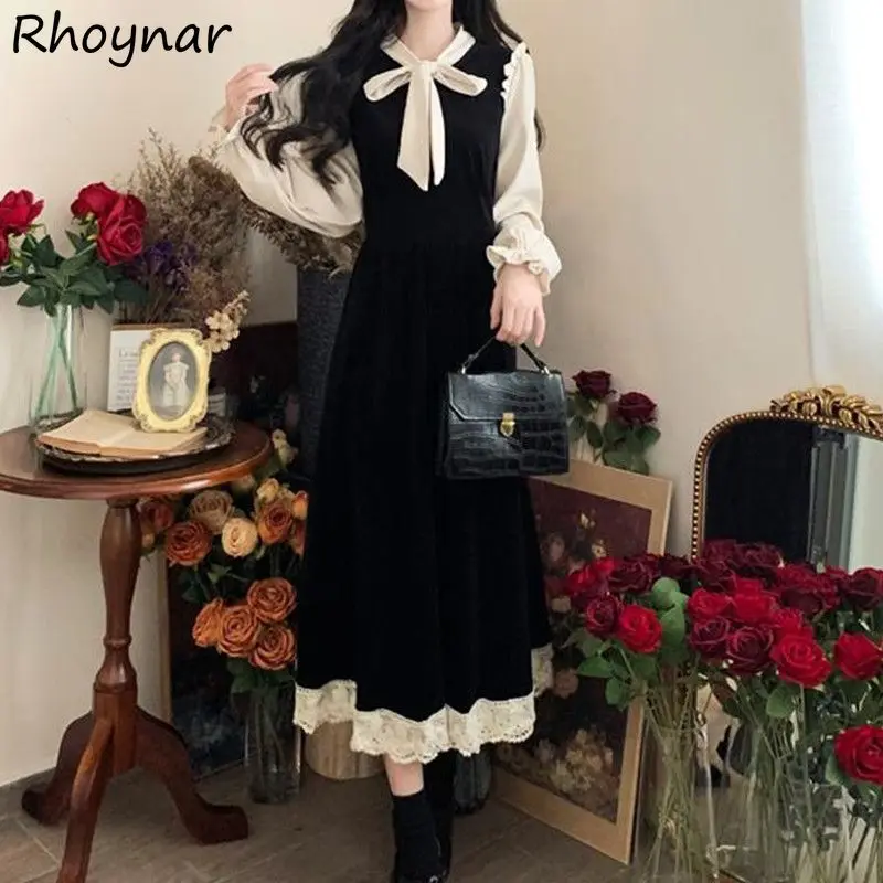 

O-neck Midi Dress Women Lace Edible Tree Fungus Bow Sweet Girls Korean-style Long-sleeve Wave Cut Defined Waist A-line Gentle