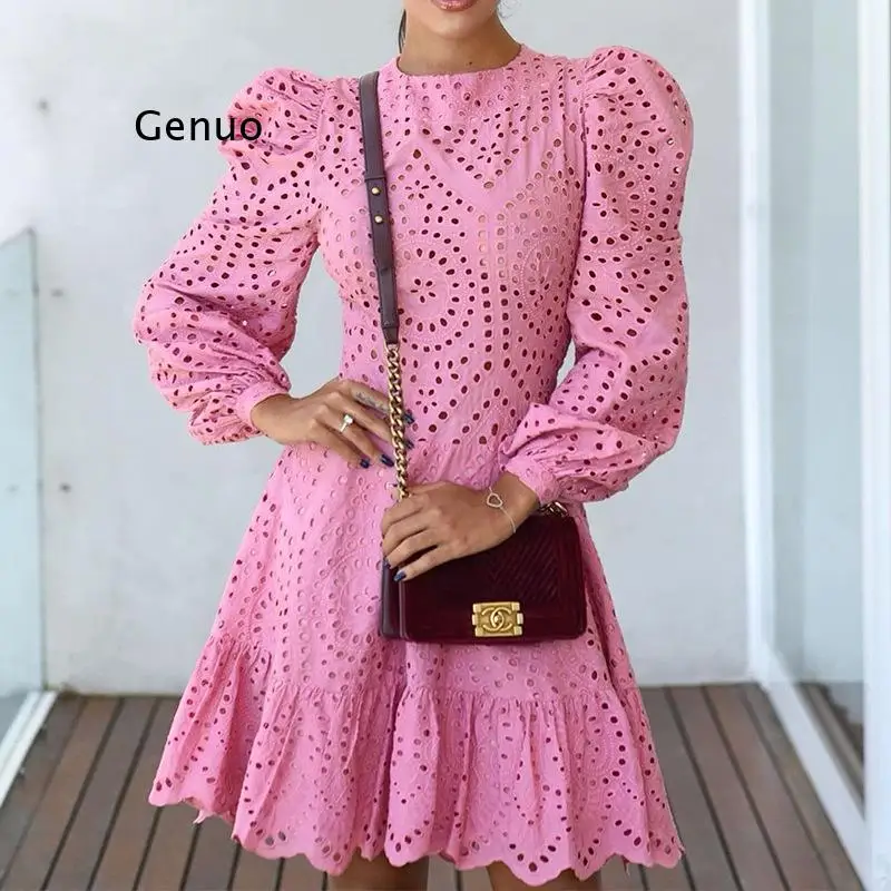 

2022 Spring and Autumn New Women's Fashion Long Sleeved Cotton Lace Dress Pink Sweet Bubble Sleeve Dress