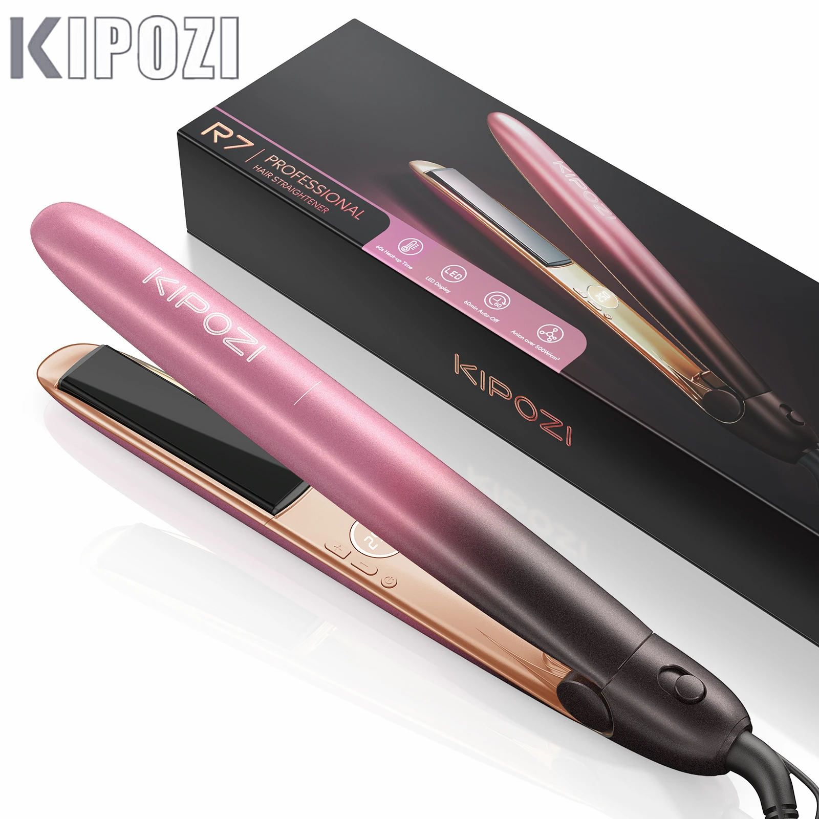 KIPOZI R7 Rose Gold Luxury Hair Straightener Curling Iron Titanium Flat