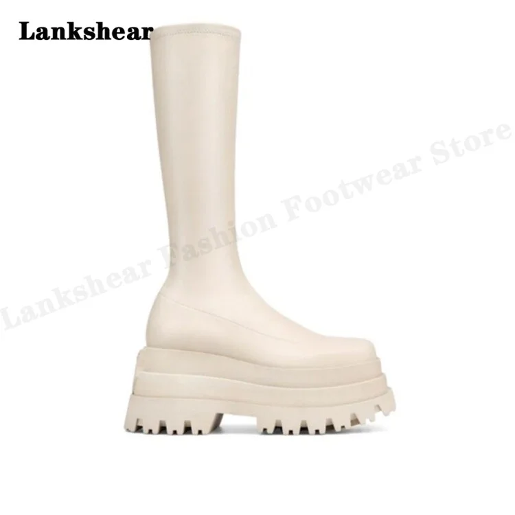 Spring and Autumn Powder Cake Thick Bottom Boots High -Heeled Boots Thin Patent Leather Skinny Leather Thin Boots Women's Shoes
