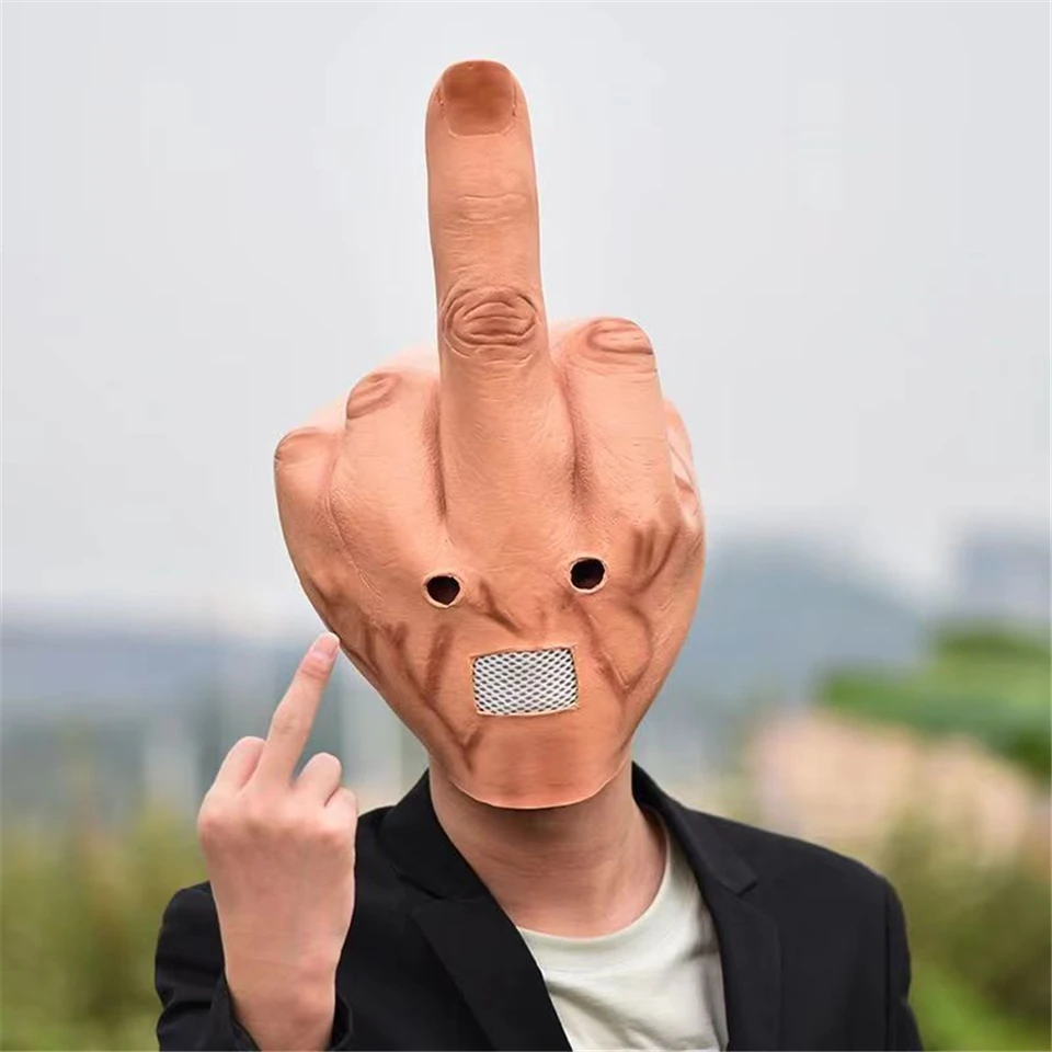 thumbnail image 2 of Flour Shaker Funny Middle Finger Latex Head Mask - Halloween Cosplay Costume Mask Baking Dusting Wand 2 of 12