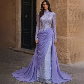 SERENE HILL Customized Lilac Lace Chiffon Mermaid Evening Dress 2026 Modest Hijab Muslim Women Wedding Party Gown CLA73407