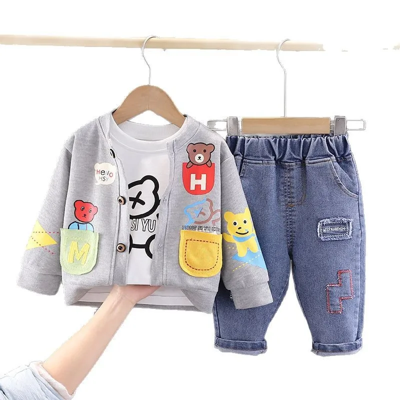 Set di Abbigliamento per Bambini Primaverile alla Moda: Cappotto con Cartoni Animati, T-shirt e Pantaloni, Completo 3 Pezzi - immagine 5