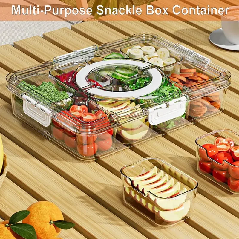 Portable Clear Veggie Tray with Lid & Handle - Divided Spinner