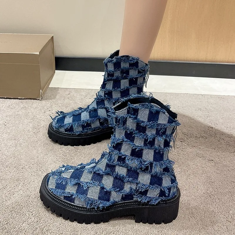 2024 Nuova Moda Stile Britannico Scarpe Da Donna Denim Plaid Mendicante Casual Corto Doc Martens Stivali Per Le Donne Chaussures Casual
