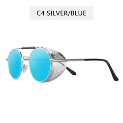 Vintage Steampunk Round Metal Sunglasses with UV Protection (Silver blue)