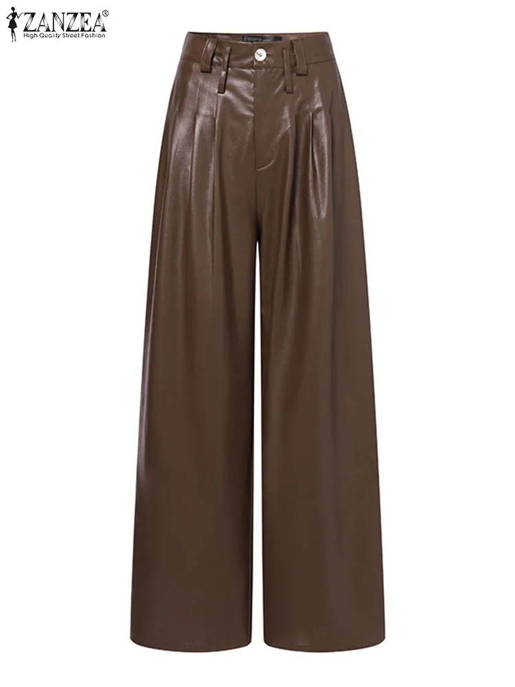 ZANZEA Women Bell Bottom Flared Long Pant PU Wide Leg Trousers 2024 Elegant Stretchy Faux Leather Pants Sexy Mid Waist Pantalons
