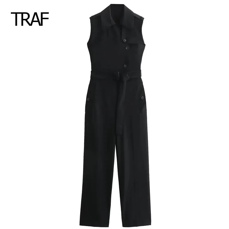 

TRAF Black Jumpsuits Female Jumpsuit Autumn Winter Lapel Collar Sleeveless Long Jumpsuit Elegant Women's Social Overalls Luxury