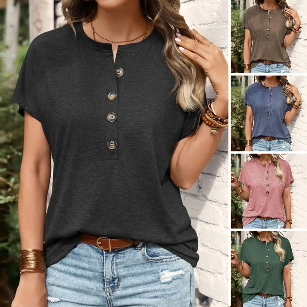 

Summer Stretchy T-shirt for Women Stylish Women's Summer O-neck Buttoned T-shirt in Loose Fit Pullover Style Solid for Casual