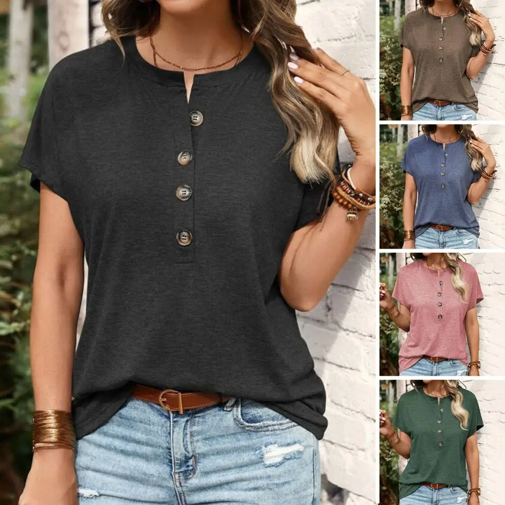 Summer Stretchy T-shirt for Women Stylish Women's Summer O-neck Buttoned T-shirt in Loose Fit Pullover Style Solid for Casual