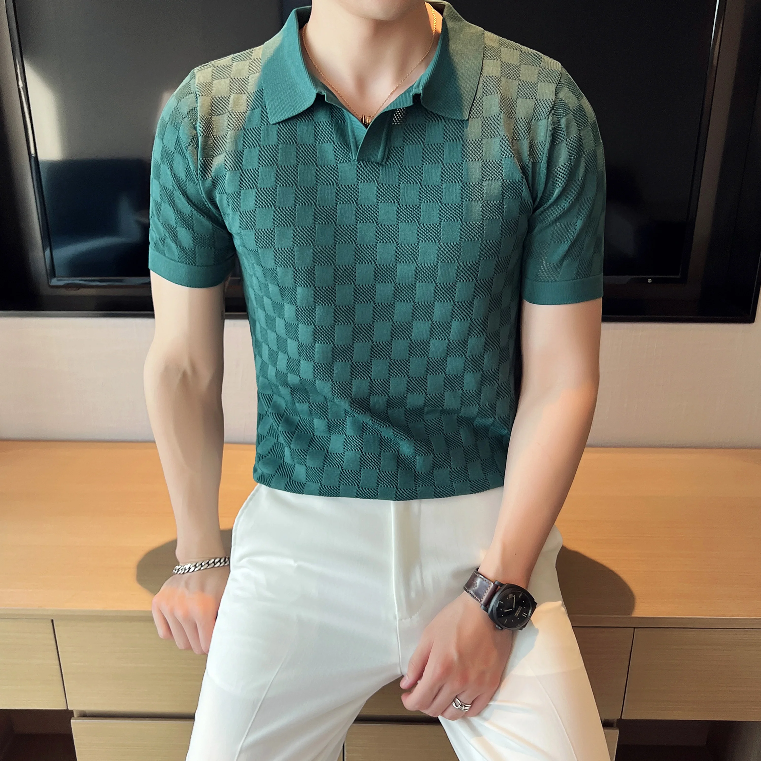 

2024 Summer Fashion Men New Short Sleeve Slim Polo Shirt Male Plaid Knitted Polos Mens Clothing Casual Lapel Pullover Tops D104