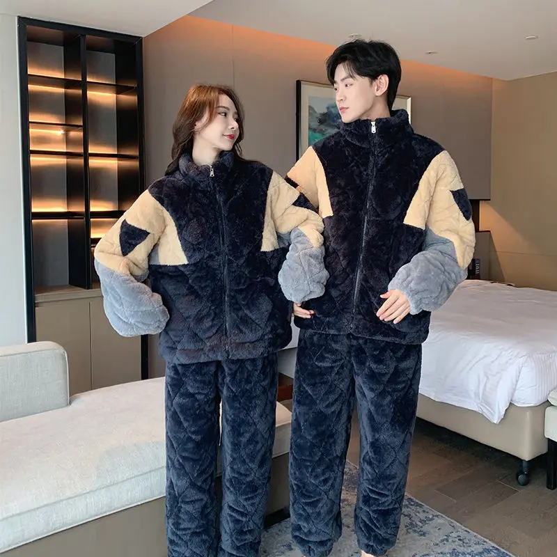 2023-new-winter-couples-matching-pajamas-coral-fleece-thickened-warm-two-piece-suit-loose-casual-stand-collar-nightclothes