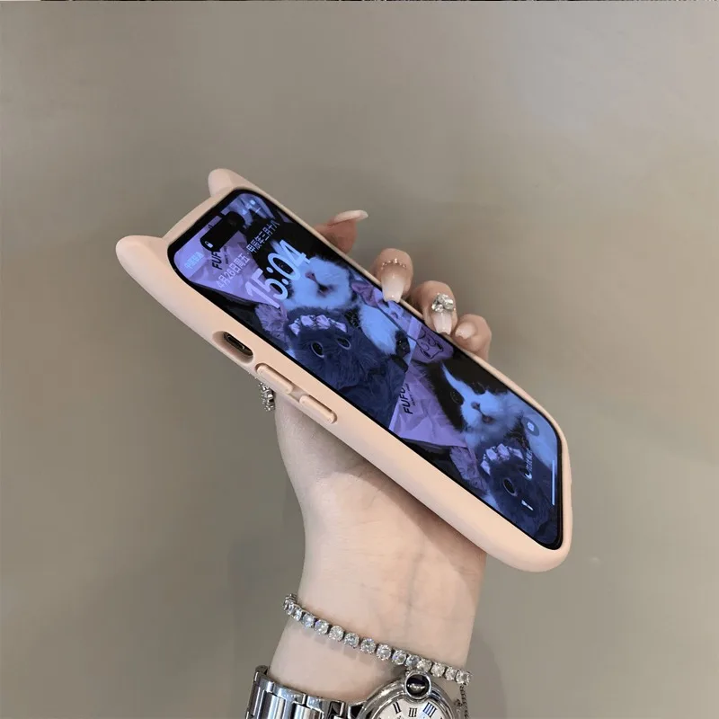 Cute Cartoon Love Heart Black Cat Case with Cat Ear Design - Transparent Cover