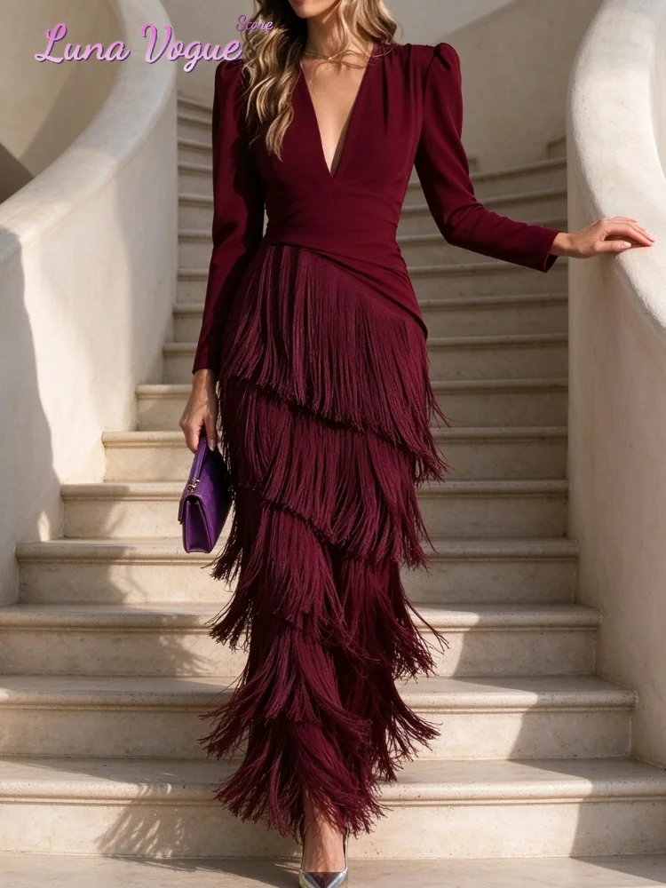 Women Sexy Deep V Neck Fringe Midi Gown Solid Puff Shoulder Long Sleeve Waist-cinching Dress Female Elegant Party Evening Outfit