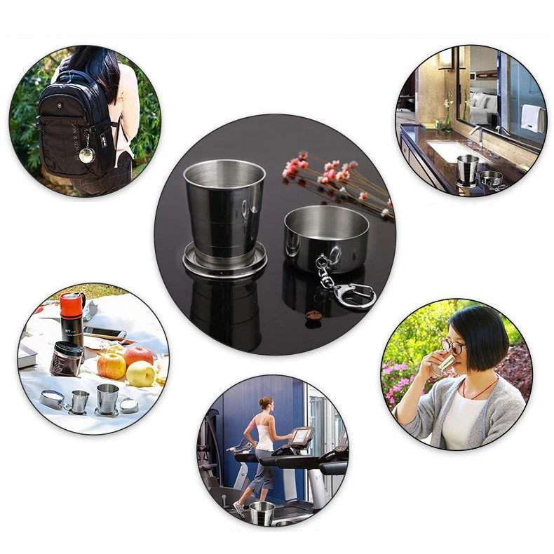 Portable Stainless Steel Folding Cup Outdoor Travel Belt Key Chain Retractable Portable Coffee Cup 75ml/150ml/250ml Drinking Set