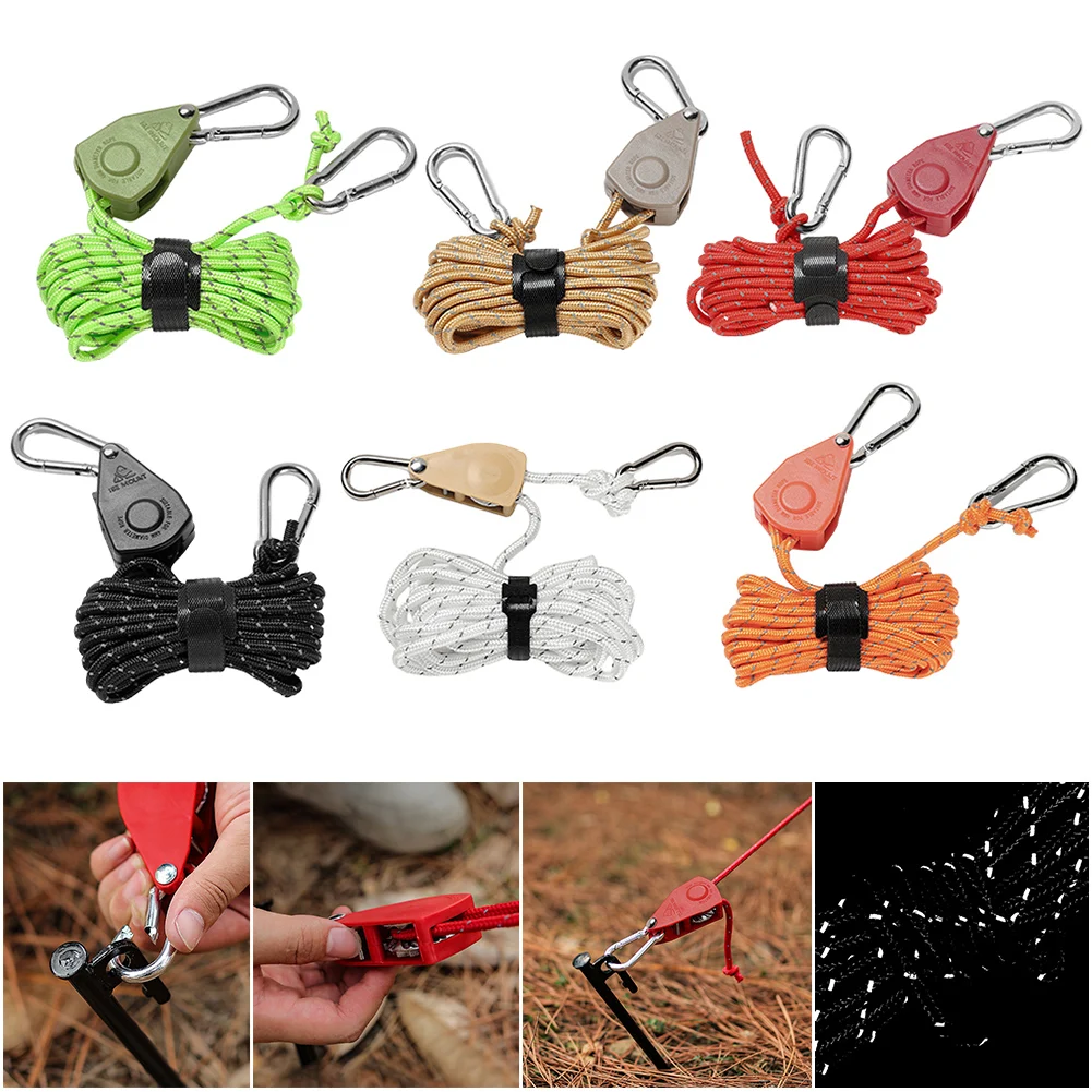 4M Camping Tent Tie Down Fastener Rope Adjustable Parachute Nylon Cord Awning Rope Ratchet Hanger Pulley Hook Tightening Strap
