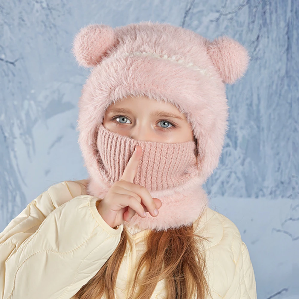 HT4527 Cute Ears Winter Hat Scarf Mask for Kids Soft Fleece Snow Ski Earflap Cap Child Hat with Scarf Mask Boys Girls Winter Set