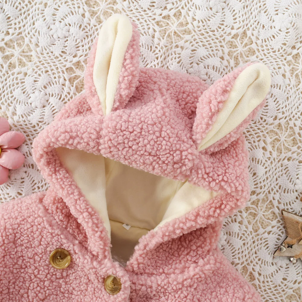 Winter New Plush Thick Coat Hooded Rabbit Ears For Boys And Girls Lamb Fleece Warm Solid Color Top