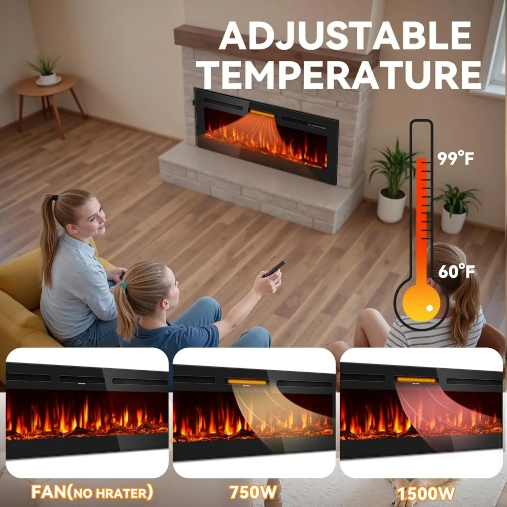 Electric Fireplace 60 Inches, Floating Wall Faux Fireplace Electric with Realistic Flames Ultra-Thin Fire Place Heater 6
