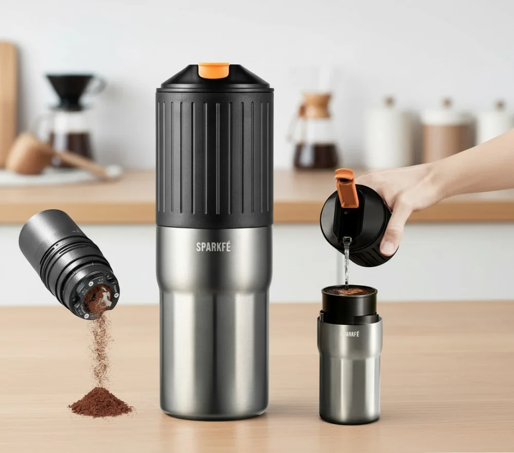 Portable Electric Coffee Grinder & Pour Over Maker, Rechargeable with Stainless Steel Burr for Camping Travel