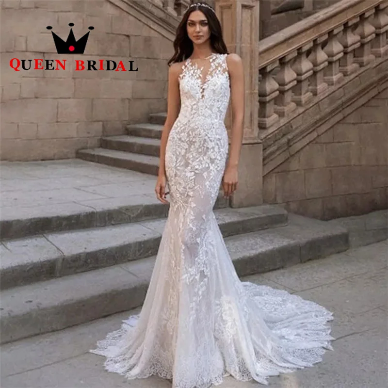 

Sexy O Neck Mermaid Wedding Dresses Appliques Lace Sleeveless Floor Length For Women Bridal Gowns Vestidos De Novia Custom S79X