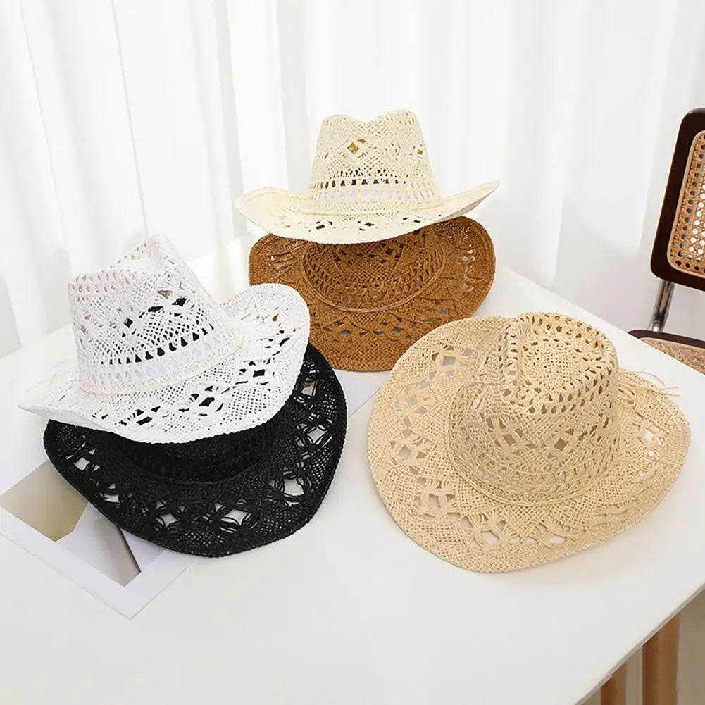 Women Cowboy Hat Unisex Hollow Out Summer Hat Solid Color Curled Edge Strap Jazz Decorative Vintage Braided Straw