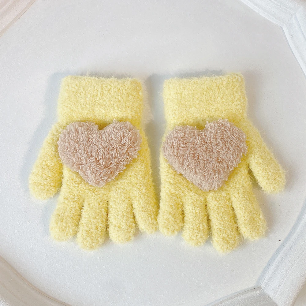 Children Five Finger Gloves Solid Color Love Pattern Gloves For Boys Girls Winter Warm Thickened Mittens For Kids 1-5 Years