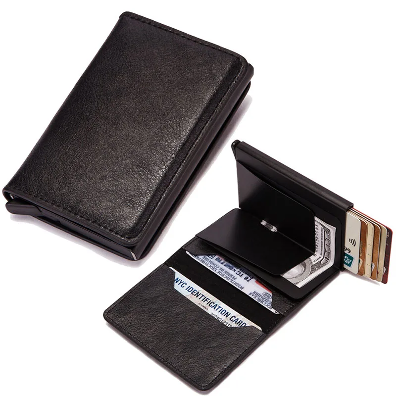 Automatic Card Holder Vintage PU Leather Mini Wallet Business Card Case RFID Metal  Card Cover Smart  ID Card Holder Men Women