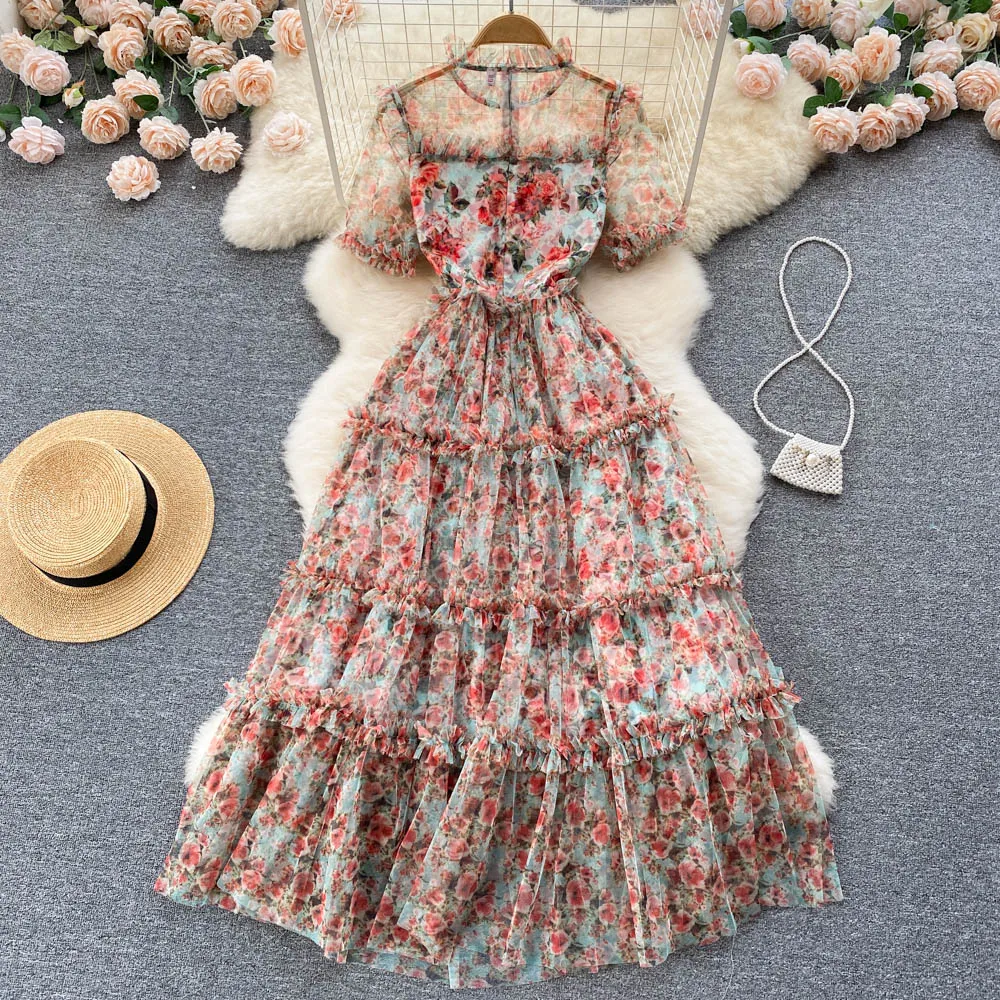 

High Quality Designer Runway Summer Beach Dress Women Elegant Short Sleeve Floral Ruffles Tulle Mesh Layer Cake Vestidos Robe