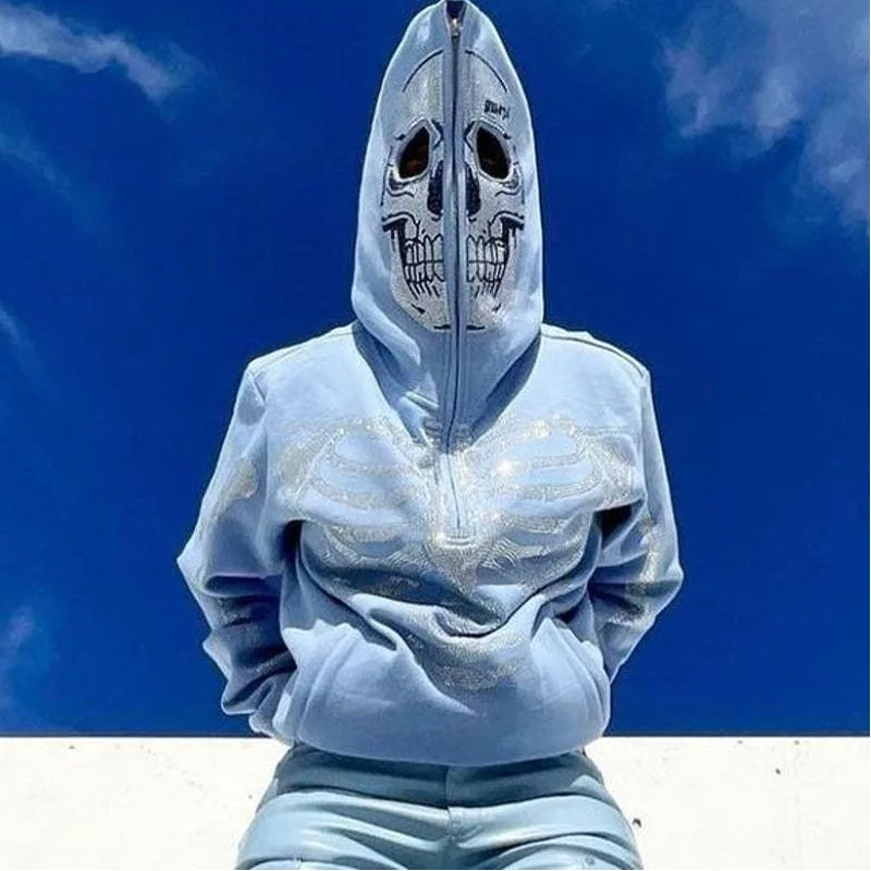 Y2k Skeleton Full Zip Up Hoodies Over Face Women Men Rhinestone