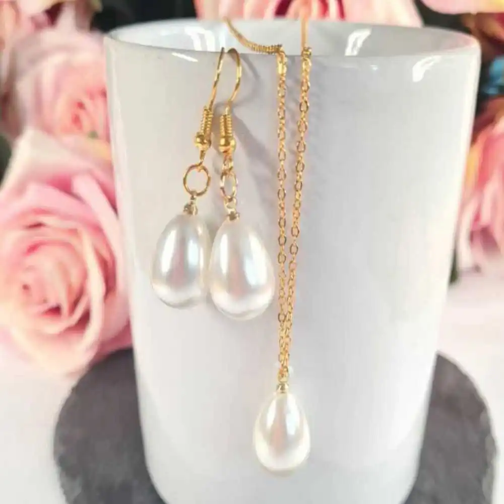 

Fashion White shell water drop pearl pendant earrings set Wedding Chakra Craft Keychain Reiki Gold Amulet Steel Dragon Chain