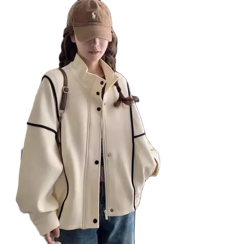 Standing Collar Baseball Jersey Hoodie for Women's 2024 Spring and Autumn New Korean Version Loose Decoration Small Short Jacket