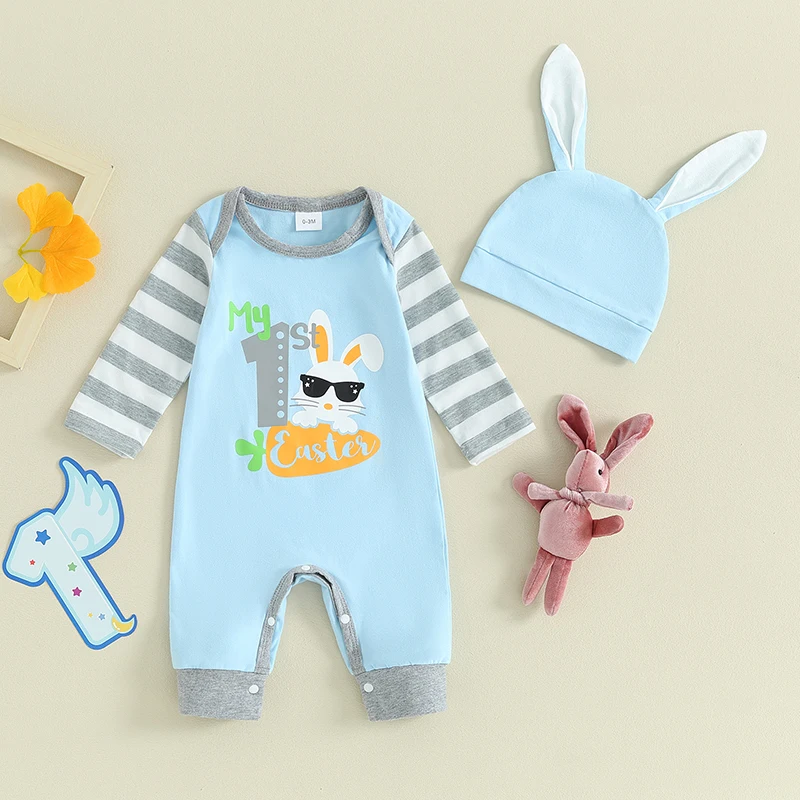 

Baby Girls Boys Rompers Easter Clothes Letter Rabbit Carrot Print Stripe Long Sleeve Jumpsuits Toddler Bodysuits with Hat