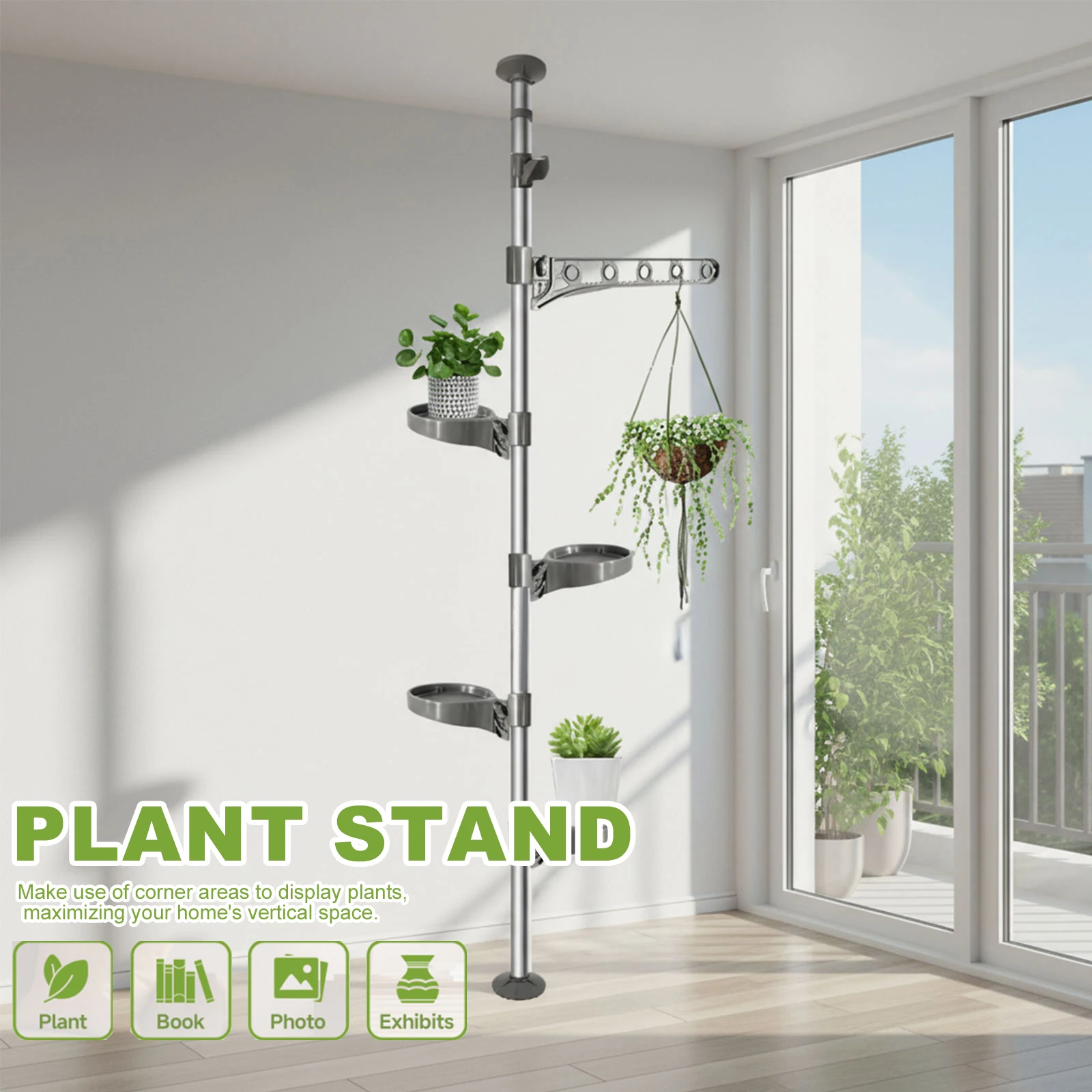 4-Layer Metal Tension Pole Shelf Holder with 4 Trays & 1 Hook Expandable Plant Stand for Living Room Balcony Home Decor