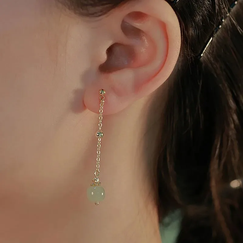 Hetian Jade Long Earrings Female Fringe Ear Line Ancient Chinese Style Hanfu Cosplay Accessories Ethnic Jewelry for Women Girls