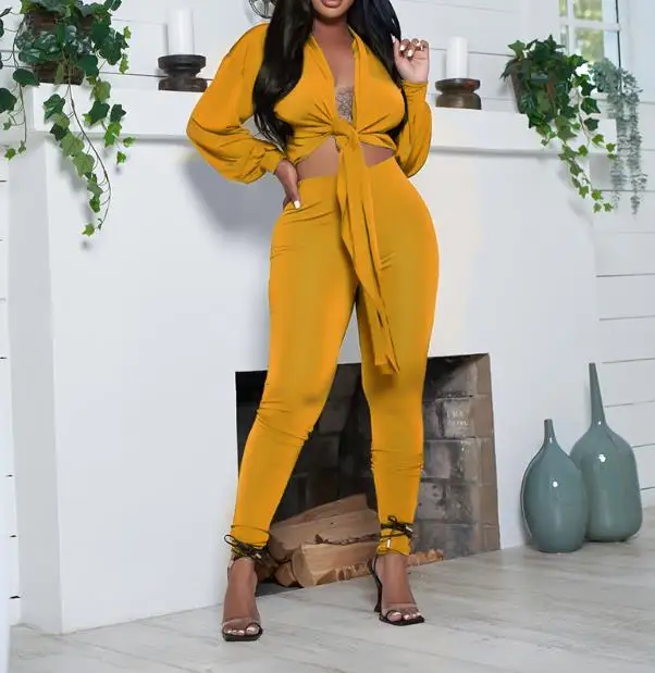 

Sexy Womens Two Piece Sets Outfit Solid Color Cardigan Tie Long Sleeved Top and Pants Set 2023 Autumn Spring Fashion Casual