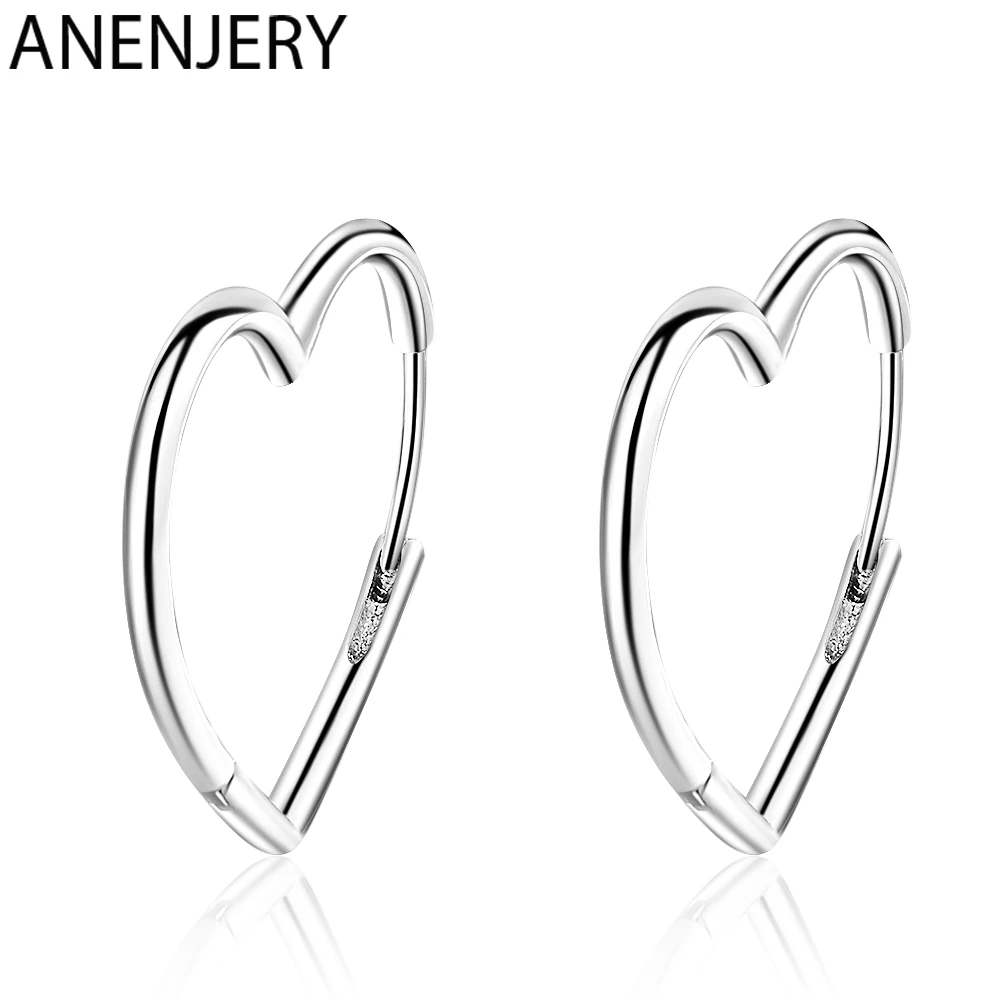 ANENJERY Simple Silver Color Earrings Two Colors Love Heart Hoop 