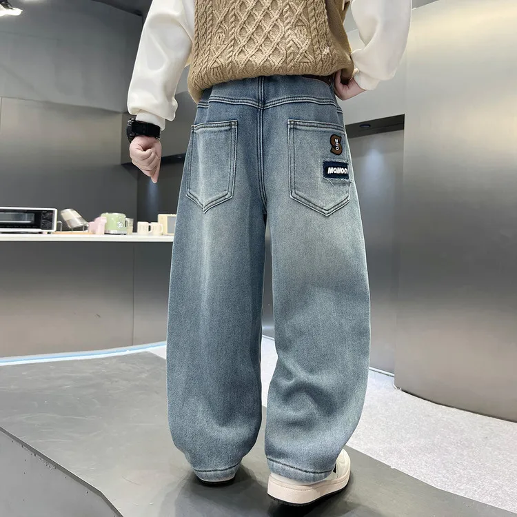 십대 가을 빈티지 배기 청바지 소년용 루즈 스트레이트 캐주얼 데님 팬츠 학생 어린이 레터 자수 바지