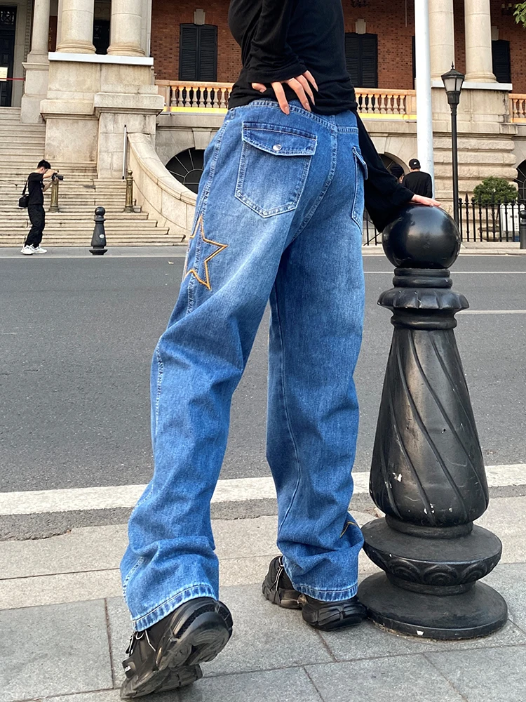 Vintage Embroidered Stars Jeans Hip Hop High Street Loose Casual Wide Leg Baggy Jeans High Waist Cargo Pants Denim Trousers Blue