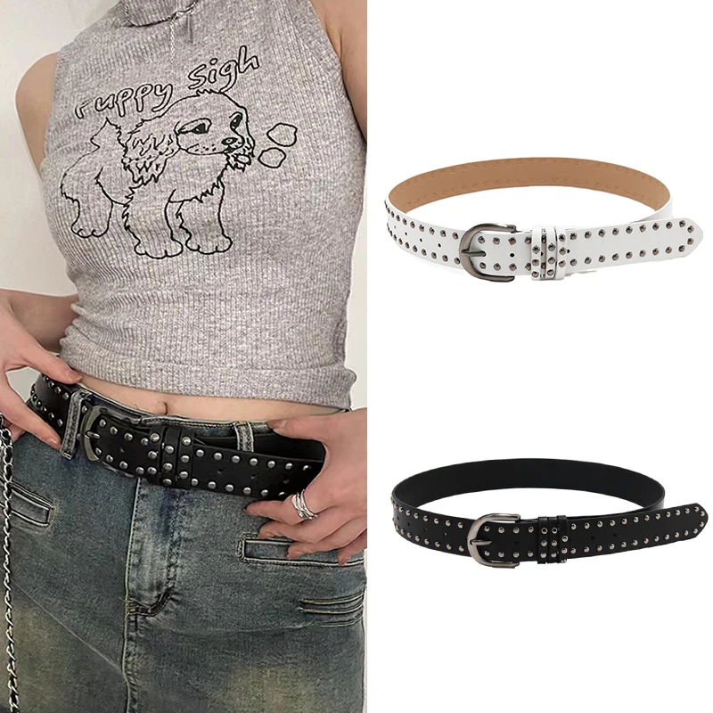 

Gothic Leather Rivet Waist Belt Adjustable Fashion Style Waistband Decorative for Jeans Y2k Women Metal Buckle Belts Accessories