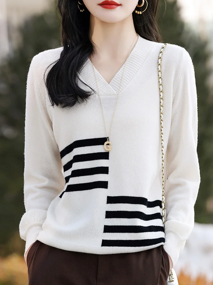 

New Women's V-Neck 100 Wool Knitwear Pullover 2024 Spring Autumn Long Sleeve Casual Top Fashion Simple Versatile Basic Sweater