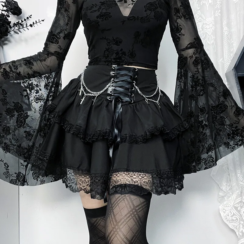 Goth Halloween Dark Gothic Skirt Women Vintage Streetwear Y2k Cyberpunk Chain Cross Lace-up Corset Skirt Harajuku Cake Skirt