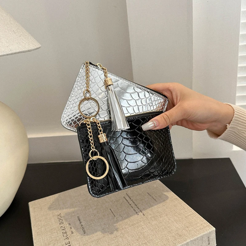 1PC Crocodile Print Laser Color PU Leather Tassel Retro Women's Wallet Card Holder Female Purses Lady Handbag