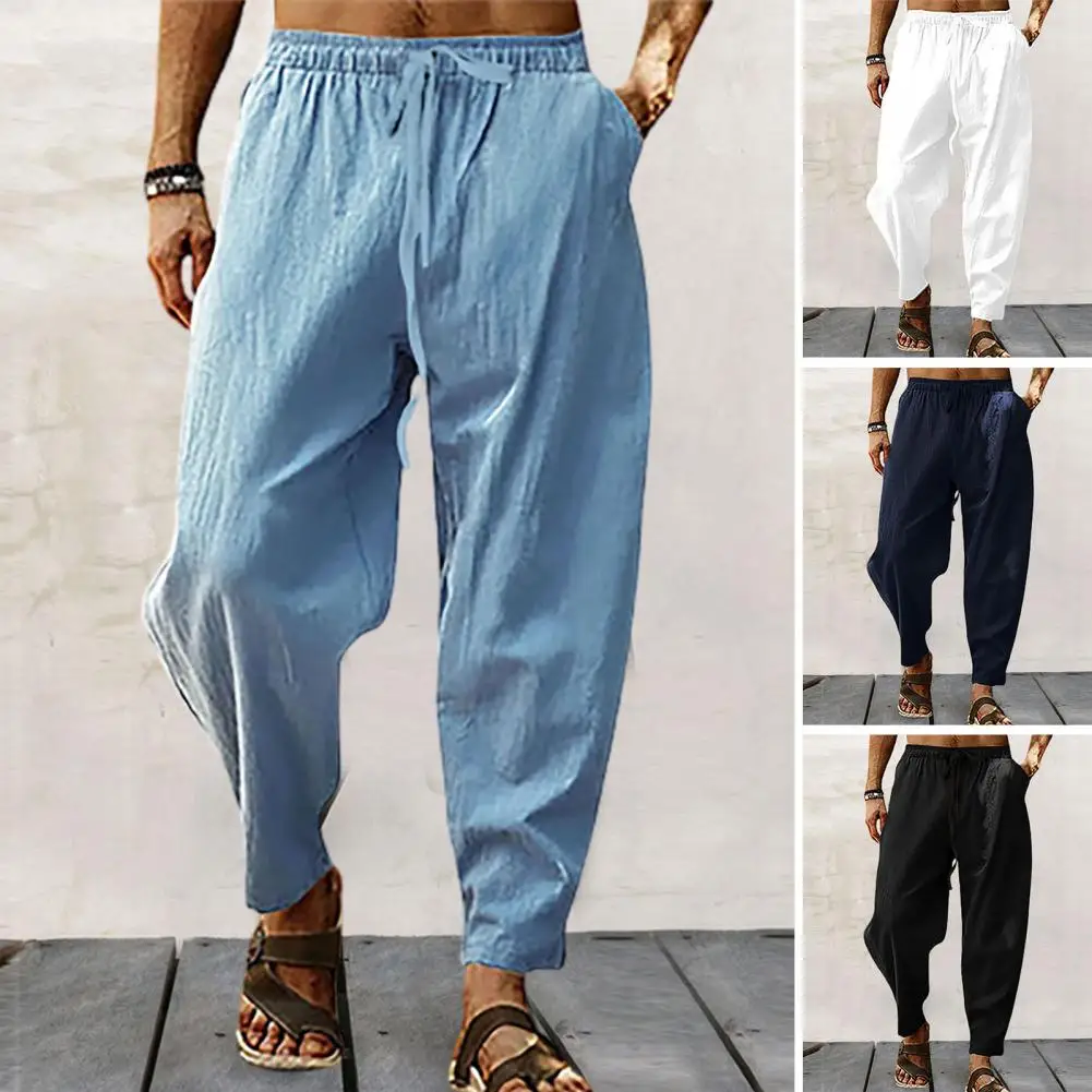 

Men Summer Sweatpants Solid Color Drawstring Loose Elastic Waist Pockets Sports Deep Crotch Jogging Men Trousers Female Clothes